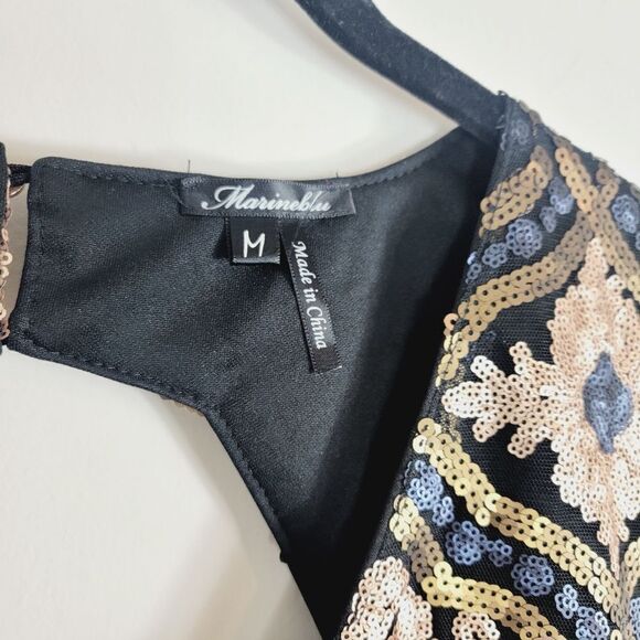 MARINEBLU Gold Blue Sequin V-neck Keyhole Back Dress Size M - Picture 9 of 11